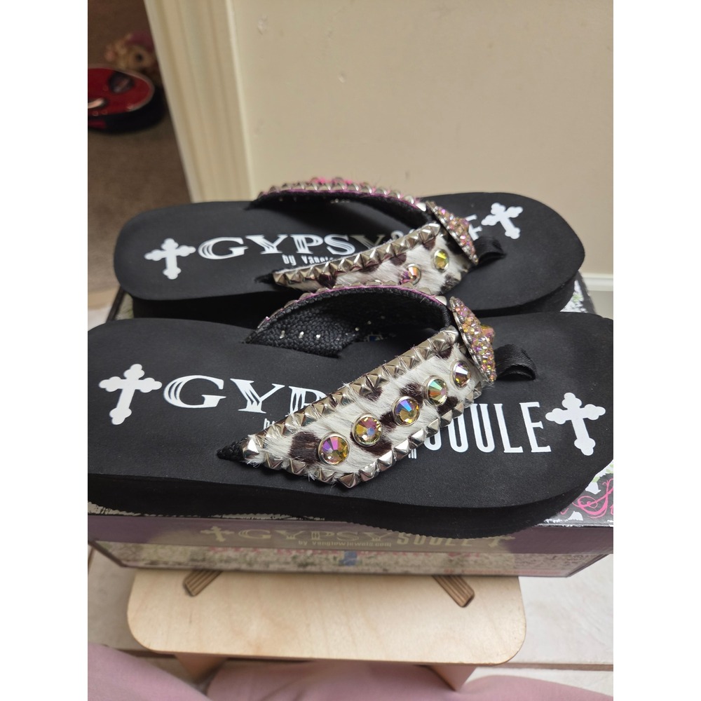 Gypsy Soule Holly Platform Cowhide Swarovski Crystal Studded Sandals 9
